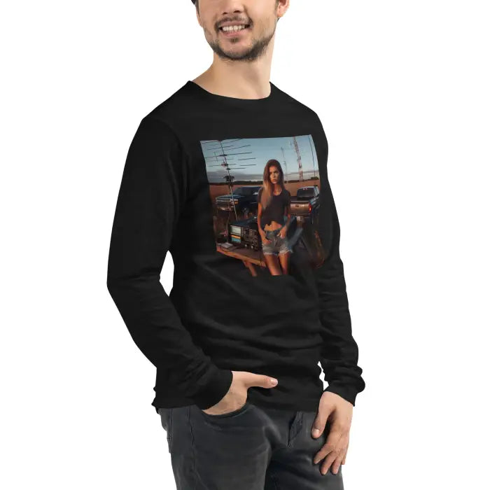 Black long-sleeved shirt with a woman graphic.