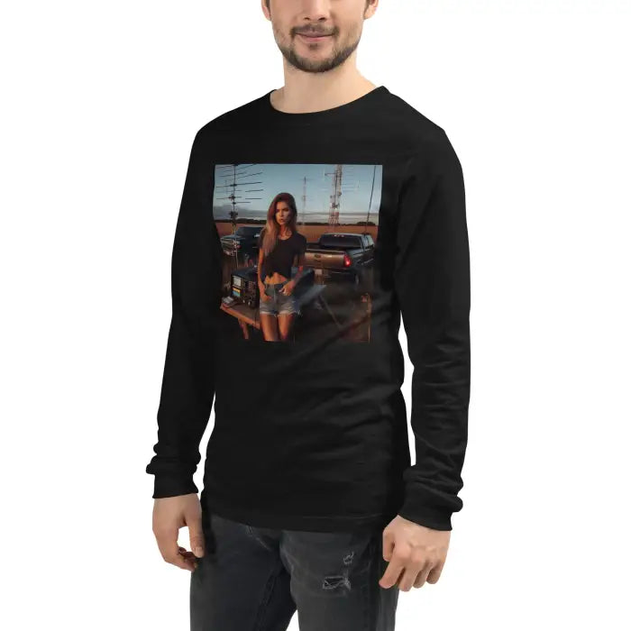 Black long-sleeved shirt with a woman and cars graphic.