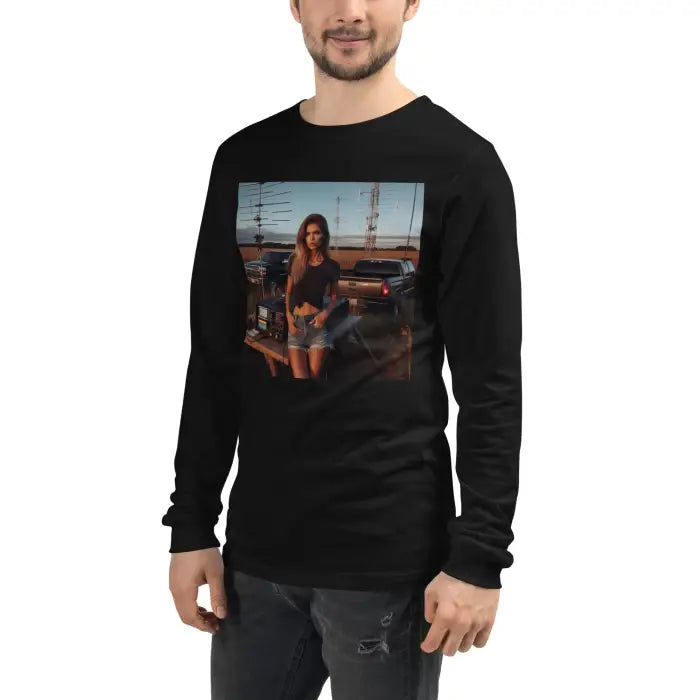 Black long-sleeved shirt with a graphic.