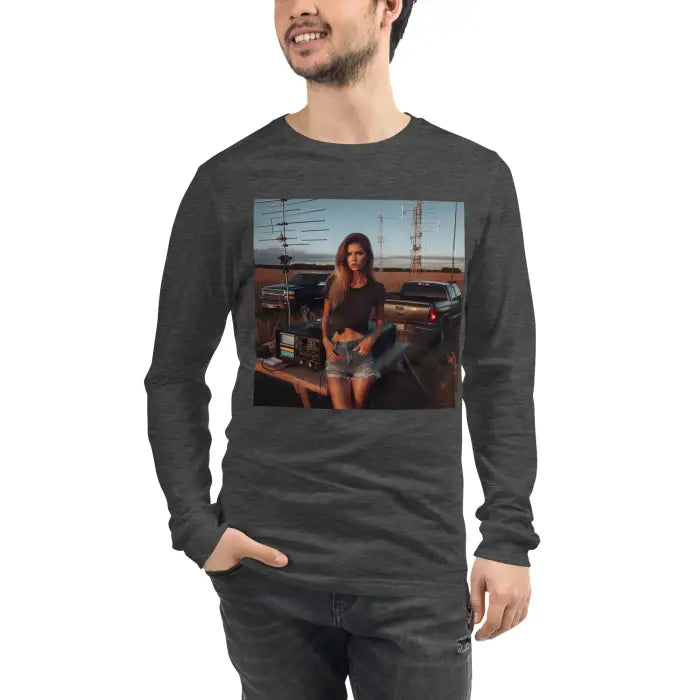 Gray long-sleeved shirt with a printed image.