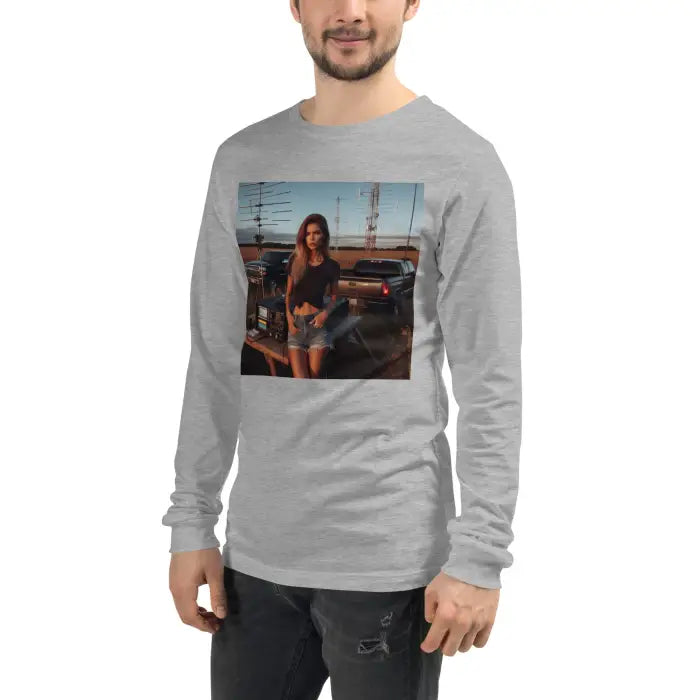 Gray long-sleeved shirt with a woman graphic.