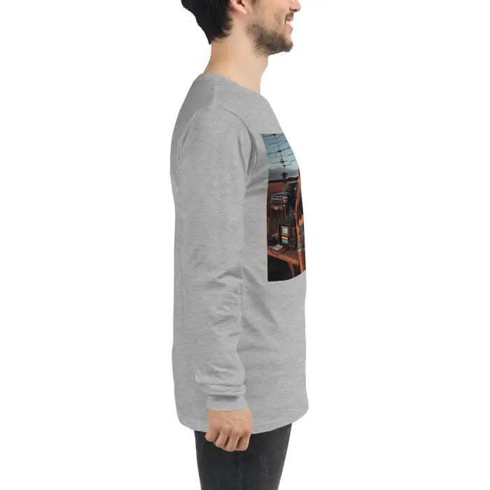 Gray long-sleeved shirt with graphic.