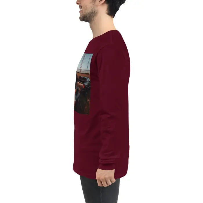 Maroon long-sleeved shirt with a printed image.
