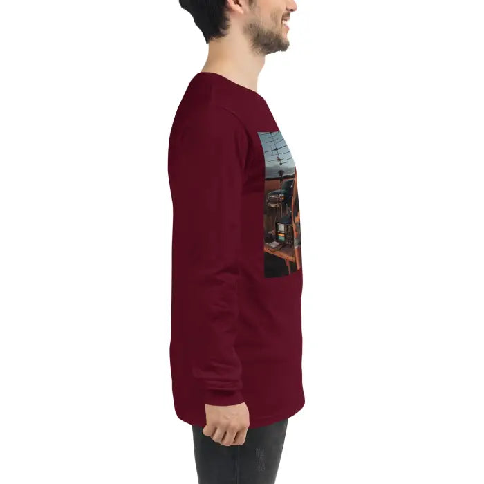Maroon long-sleeved shirt.
