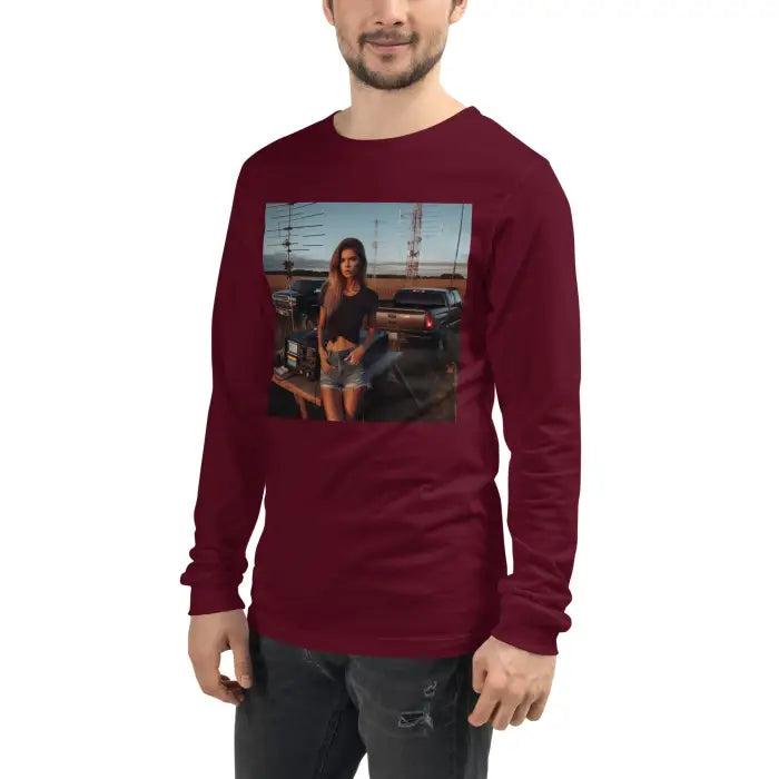 Maroon long-sleeved shirt.