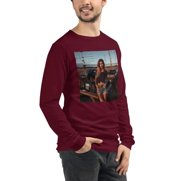 Maroon long-sleeved shirt.