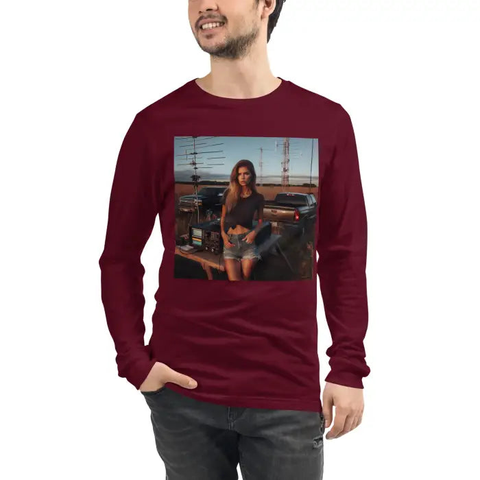 Maroon long-sleeved shirt.