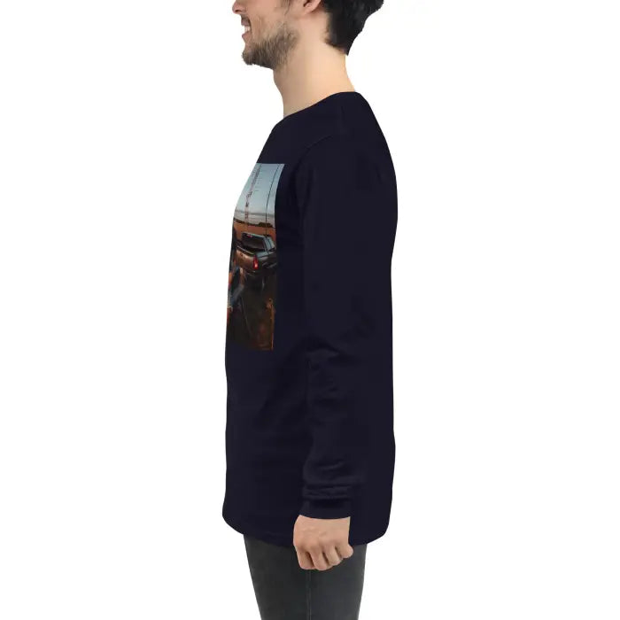 Navy long-sleeved shirt with car graphic.