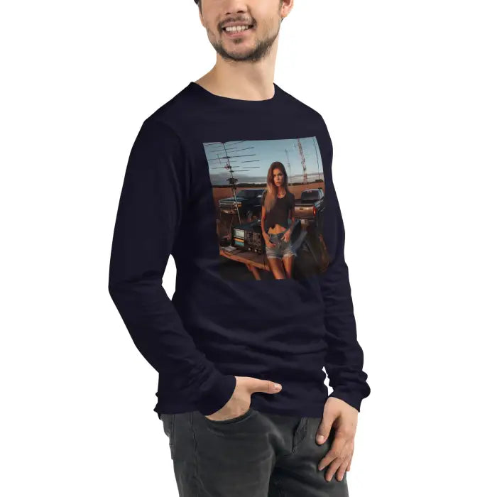 Navy long-sleeved shirt with graphic.