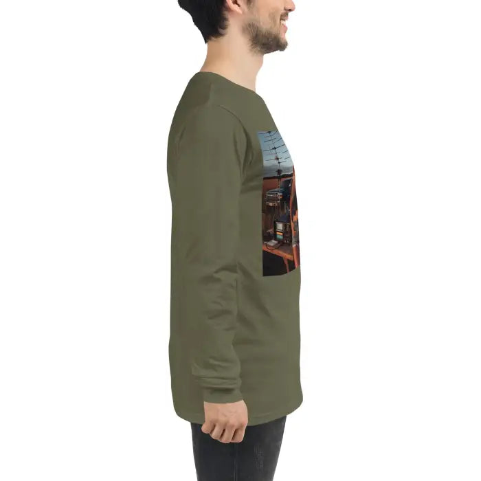 Olive green long-sleeved shirt.