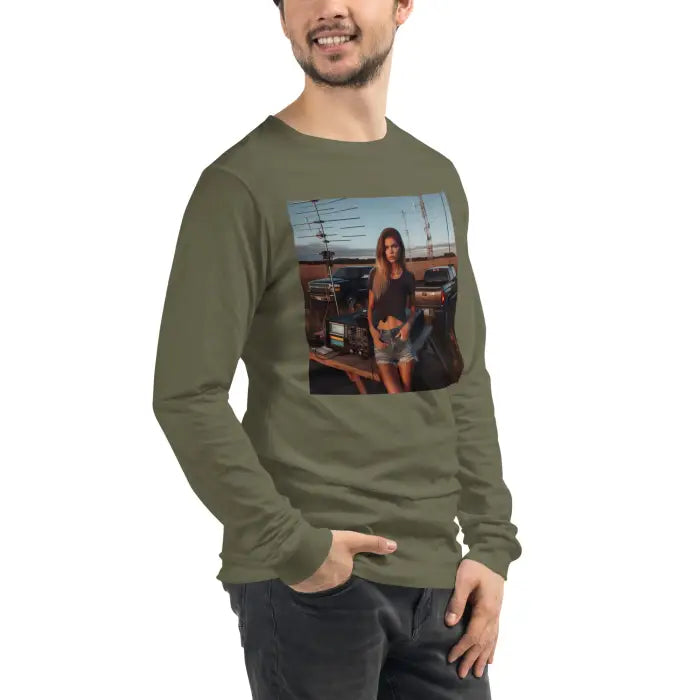 Olive-green long-sleeved shirt with a woman graphic.