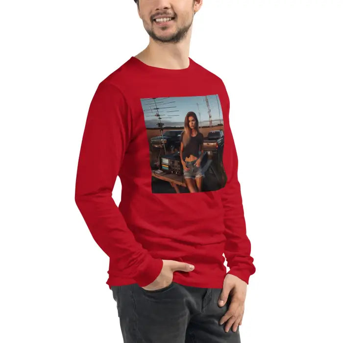 Red long-sleeve shirt with a photo.