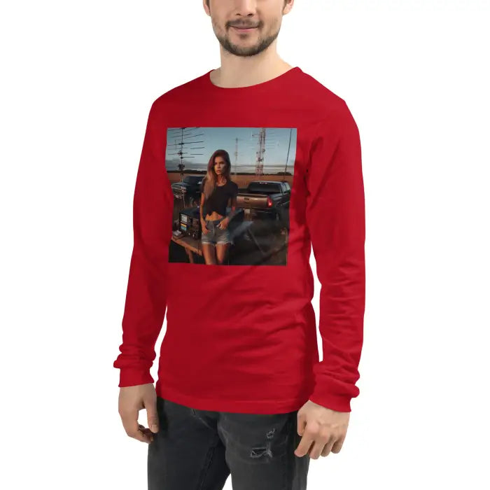 Red long-sleeved shirt.