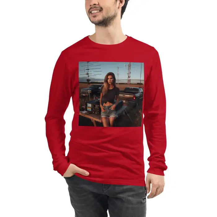 Red long-sleeved shirt with a woman graphic.