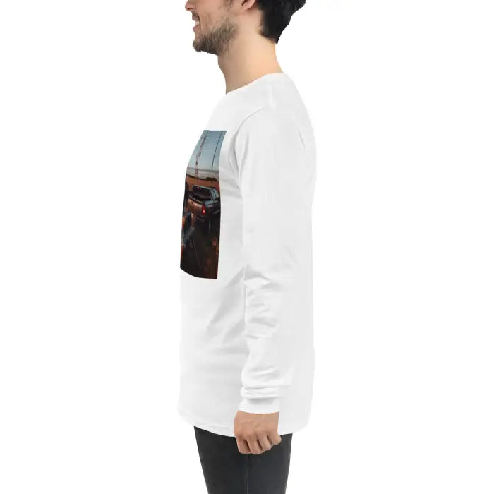 White long-sleeved shirt with car image.