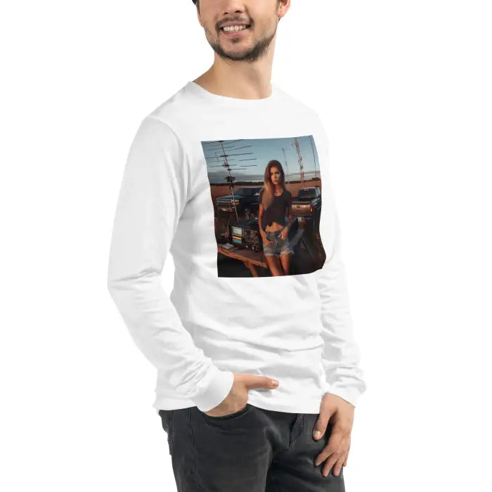 White long-sleeved shirt with a woman graphic.
