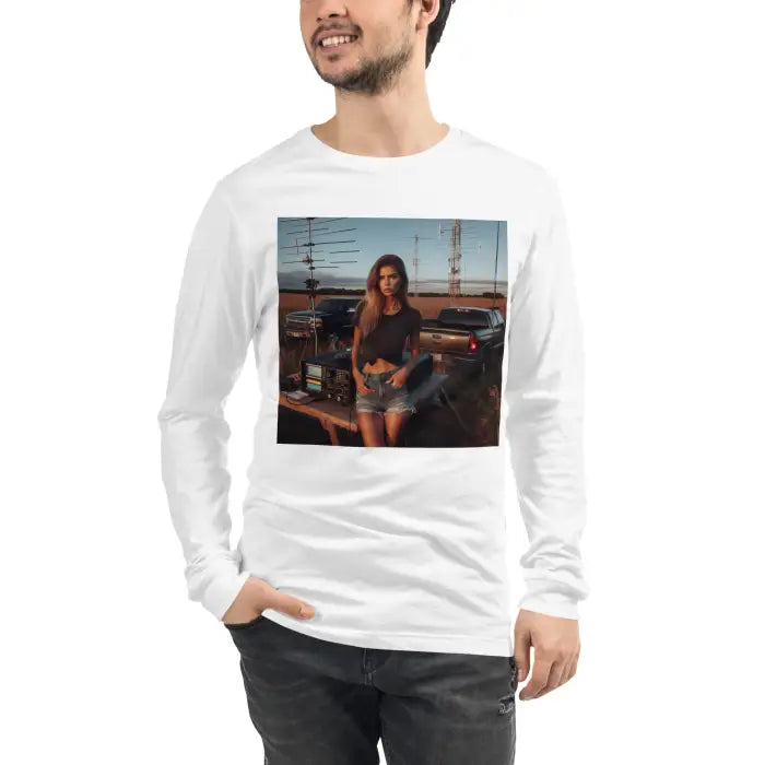 White long-sleeved shirt with a square graphic.