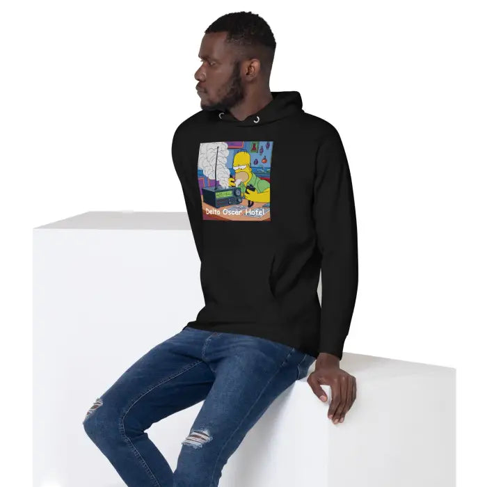 Black hoodie with cartoon graphic.