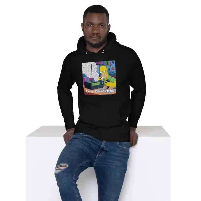 Black hoodie with cartoon graphic.