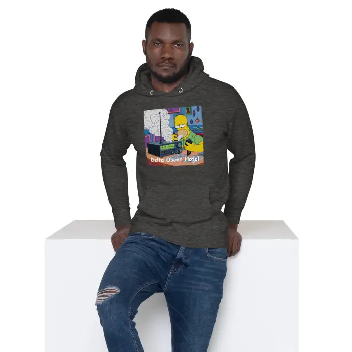 Hooded sweatshirt with cartoon graphic.