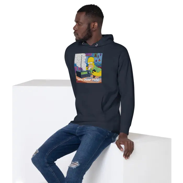 Dark blue hoodie with cartoon graphic.