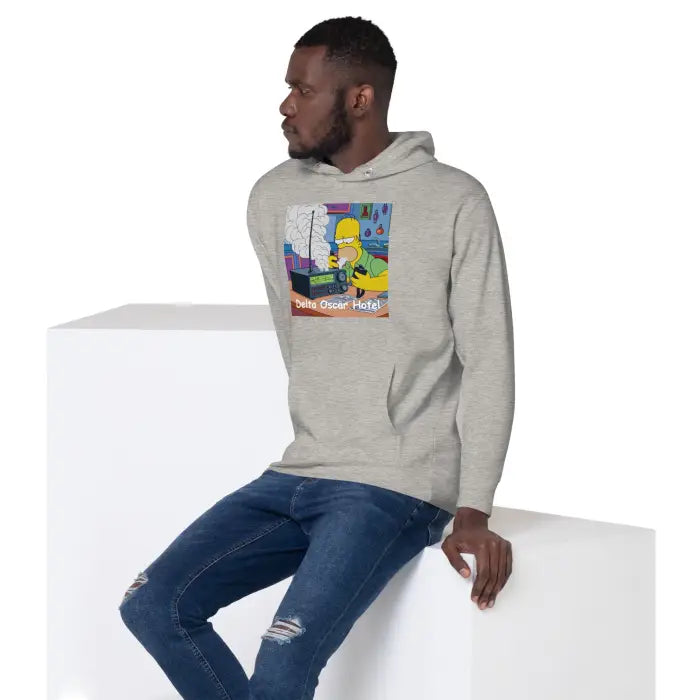 Gray hoodie with cartoon graphic.
