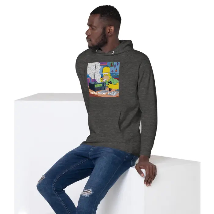 Gray hoodie with cartoon graphic.