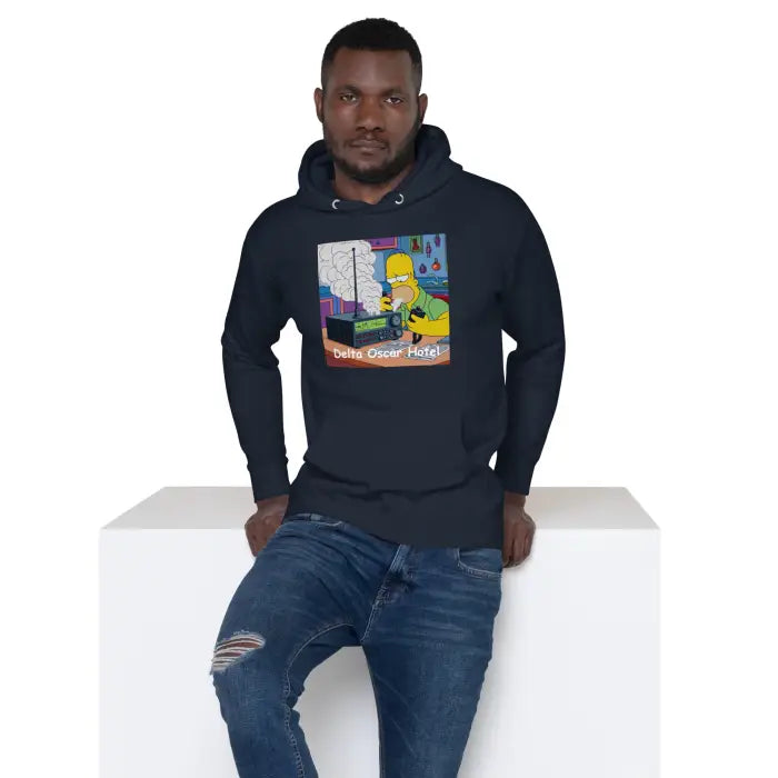 Dark blue hoodie with cartoon graphic.