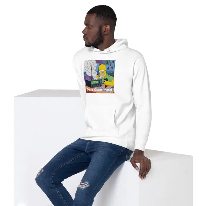 White hoodie with cartoon graphic.