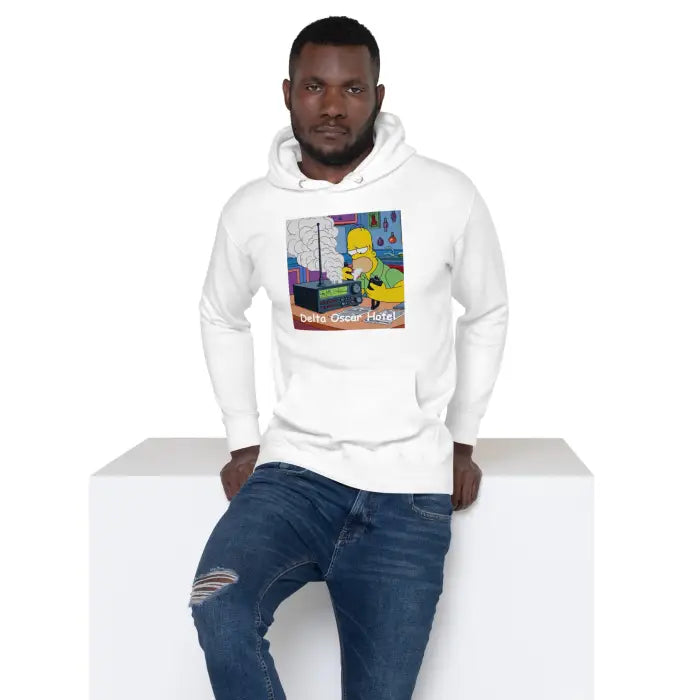 White hoodie with cartoon graphic.