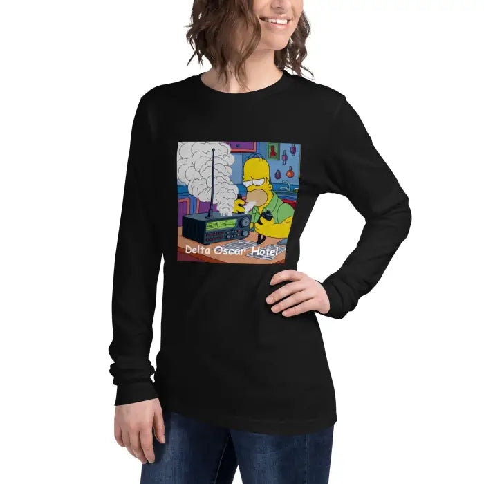 Black long-sleeved shirt with cartoon graphic.