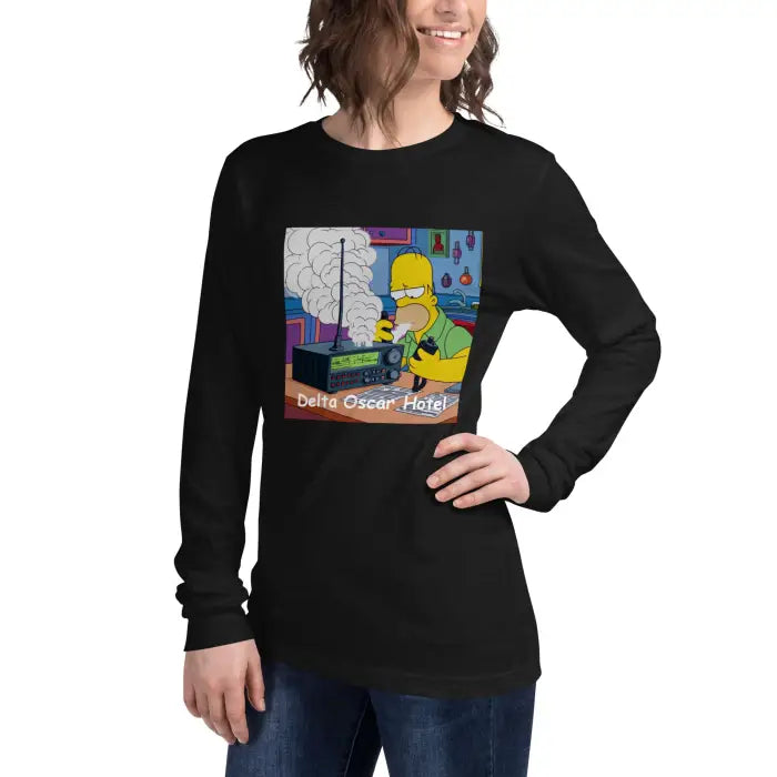 Black long-sleeved shirt with cartoon graphic.