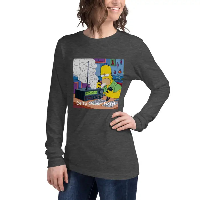 Gray long-sleeved shirt with cartoon graphic.