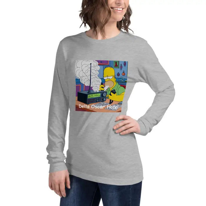 Gray long-sleeved shirt with cartoon graphic.