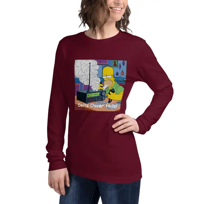 Maroon long-sleeved shirt with cartoon graphic.