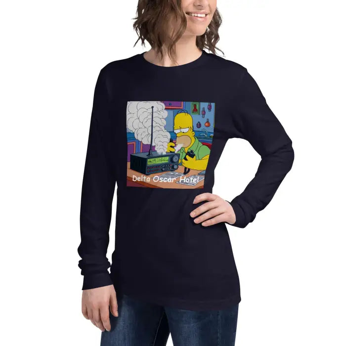 Navy long-sleeved shirt with cartoon graphic.