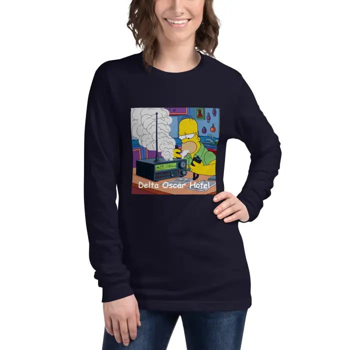 Navy long-sleeved shirt with cartoon graphic.