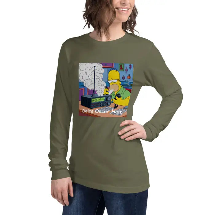Olive long-sleeved shirt with cartoon graphic.