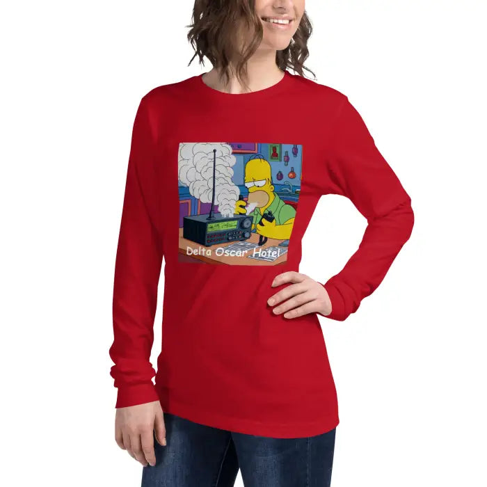 Red long-sleeved shirt with cartoon graphic.