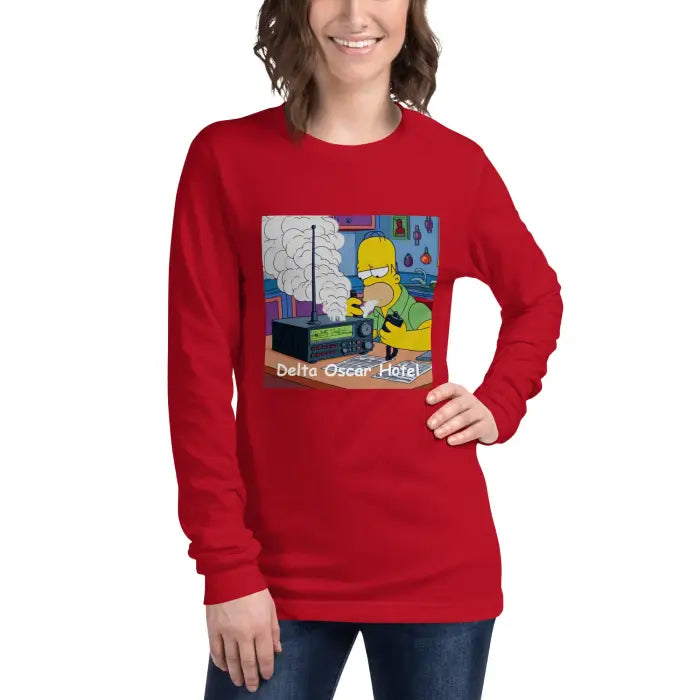 Red long-sleeved shirt with cartoon graphic.