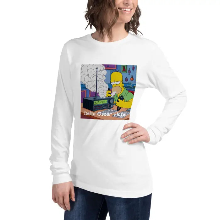 White long-sleeved shirt with cartoon graphic.