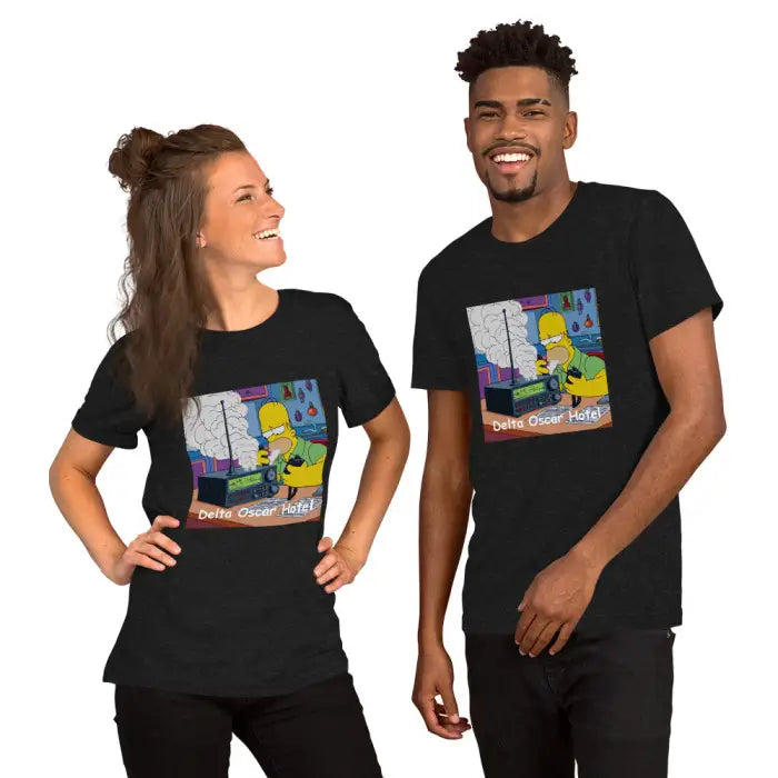Matching black t-shirts.