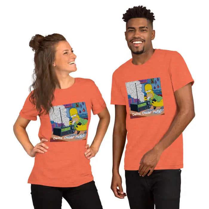 Matching orange t-shirts.