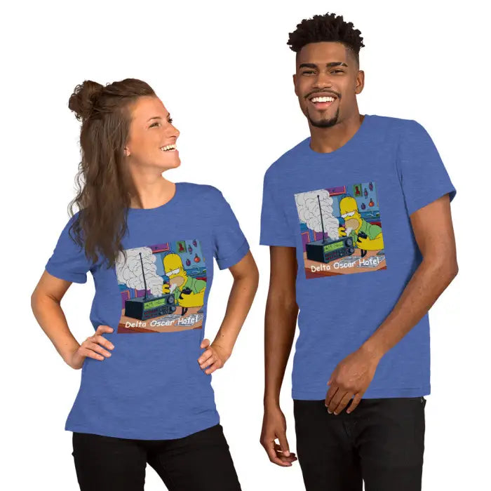 Matching blue t-shirts.