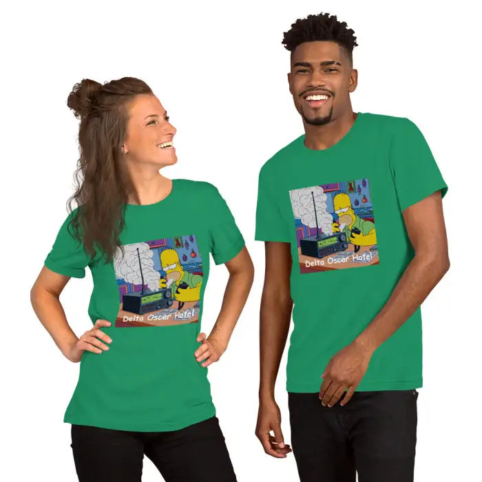 Matching green t-shirts with cartoon graphic.