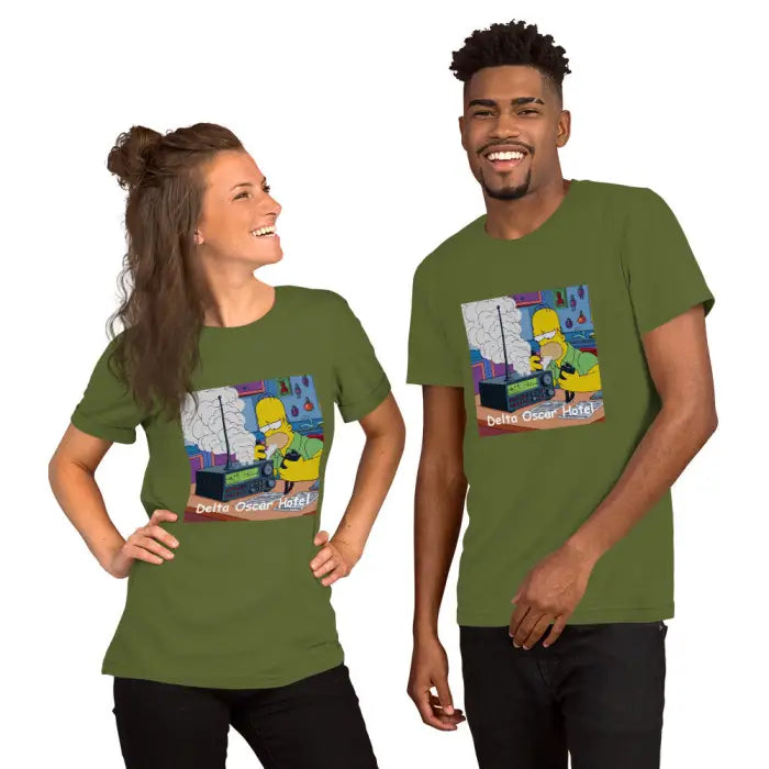 Matching olive green t-shirts.