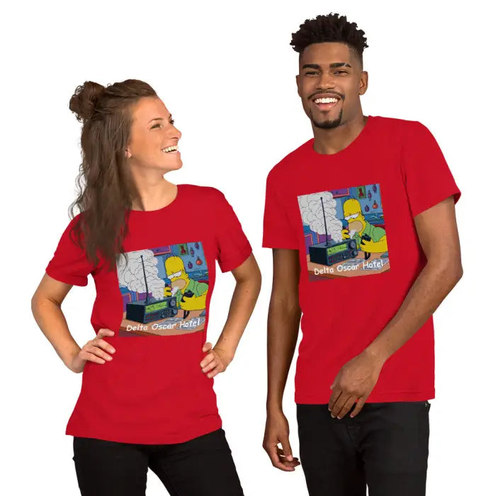 Matching red t-shirts.