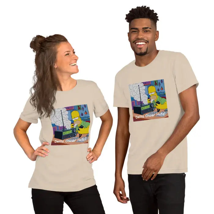 Matching tan t-shirts.