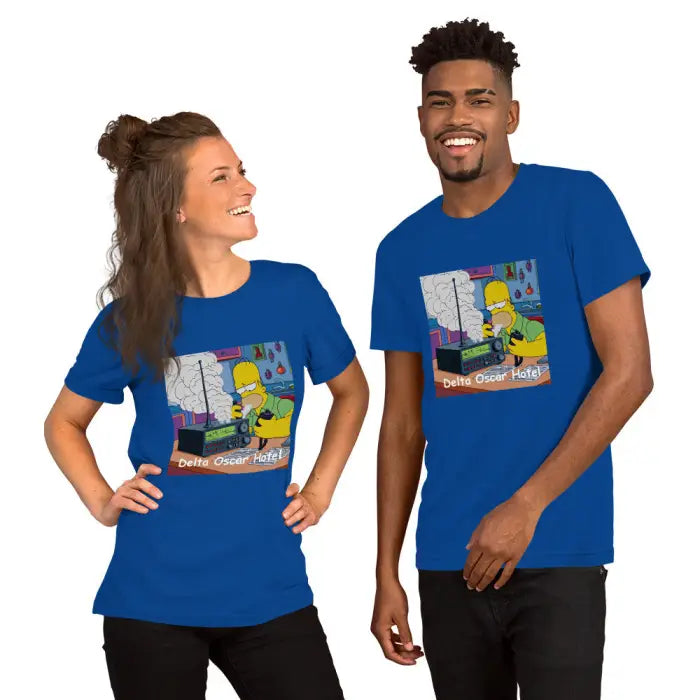 Matching blue t-shirts.