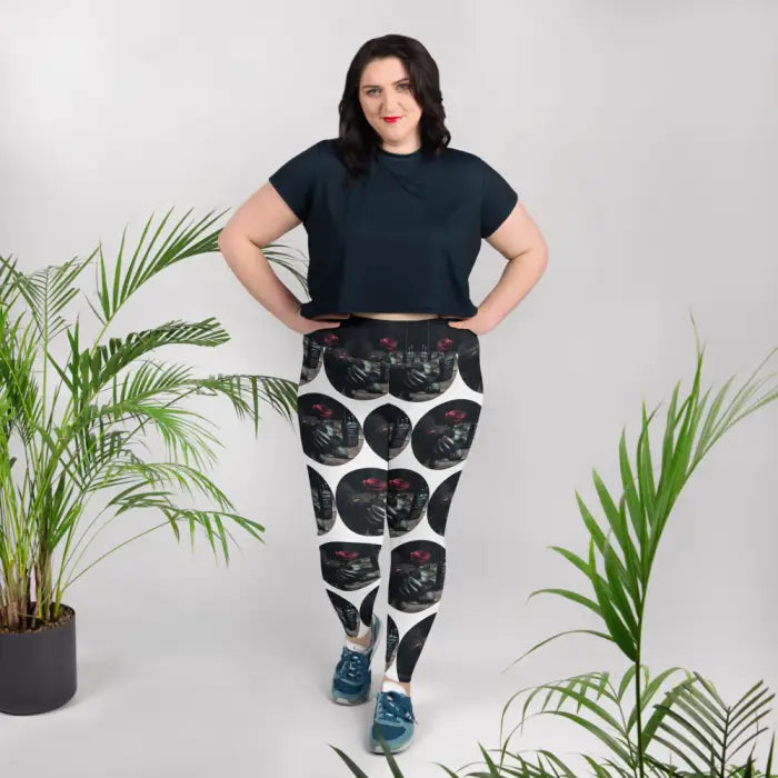 Woman wearing patterned leggings.